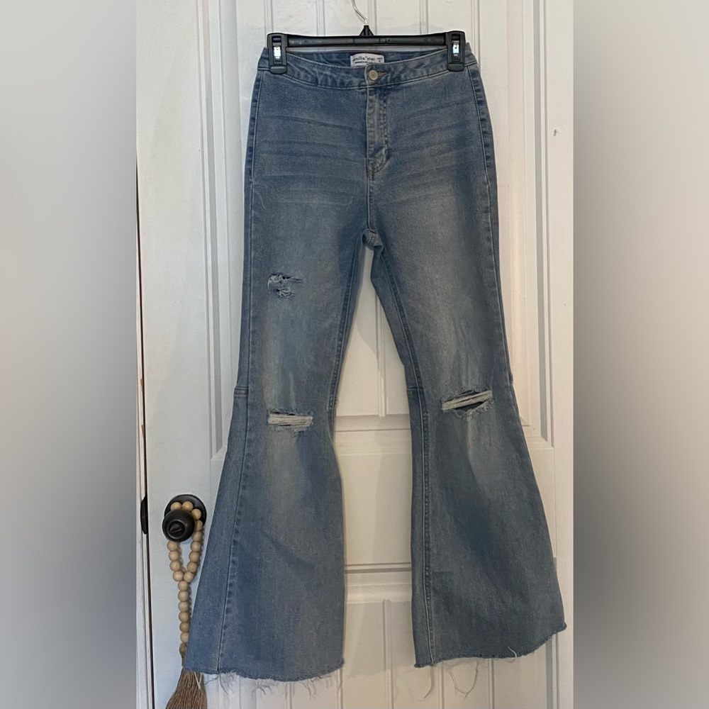 Womens high rise distressed flared ripped denim jeans size 5